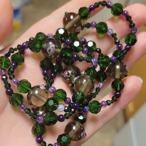 Faceted Green Crystal, Dyed Purple Agate & Wedding Cake Beaded Handmade Necklace